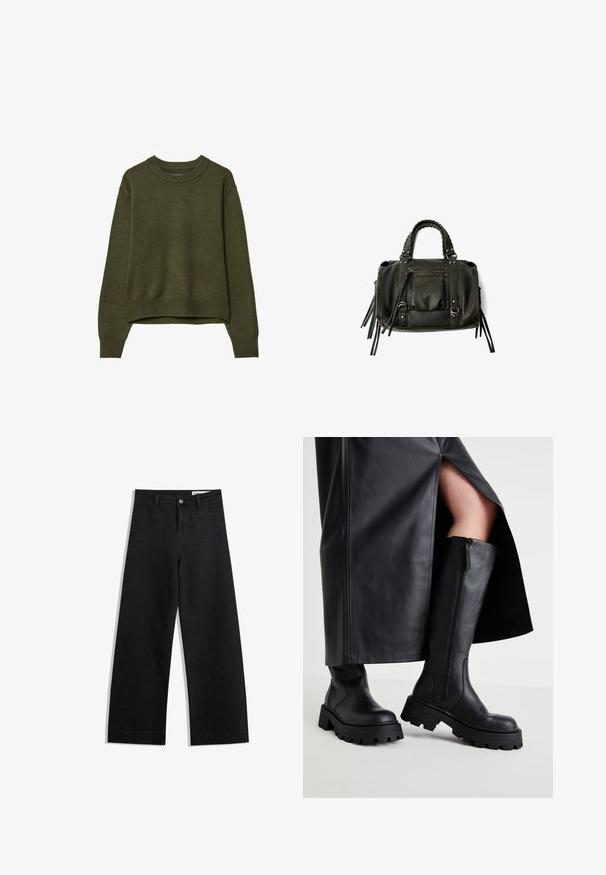 Olivově zelený svetr s kulatým výstřihem a dlouhými rukávy, s žebrovanými manžetami a lemem, vystavený na bílém pozadí.; Černé denimové kalhoty s volným střihem a vysokým pasem, vybavené předními a zadními kapsami, prošívanými švy a knoflíkovým zapínáním. Hladká textura.; Černé kozačky po kolena s hrubou podešví, hladkým koženým povrchem, bočním zipem a minimalistickým designem, v kombinaci s černou sukní s rozparkem.; Černá kožená kabelka s pletenými rukojetmi, kapsou na zip a visícími třásněmi. Texturovaný povrch s kovovými hroty a kovovými akcenty.