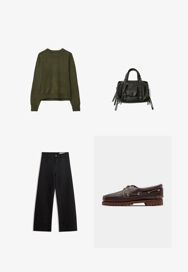 Maslinastozelena majica s dugim rukavima i rebrastim manžetama i rubom, prikazana na bijeloj pozadini.; Crne široke traperice s visokim strukom, s prednjim i stražnjim džepovima, šivenim šavovima i kopčanjem na gumb. Glatka tekstura.; Smeđe kožne čamce cipele s zlatnim okomitim rupicama, okruglim vezicama i teksturiranom smeđom gumiranom potplatom. Ima stišnjene detalje i uzdignuti logo.; Crna kožna torba s pletenim ručkama, džepom na zatvarač i visećim resicama. Teksturirana površina s metalnim zakovicama i hardverskim naglascima.