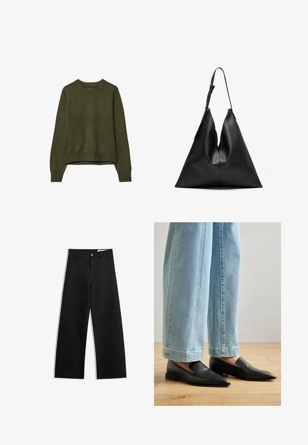 Olivgrüner Rundhals-Pullover mit langen Ärmeln sowie gerippten Bündchen und Saum, vor einem weißen Hintergrund präsentiert.; Schwarze weit geschnittene Jeans mit hoher Taille, ausgestattet mit Vorder- und Hintertaschen, gesteppten Nähten und einem Knopfverschluss. Glatte Textur.; Schwarze Lederschuhe mit spitzem Zehenbereich und Schlupfdesign, kombiniert mit hellblauen weit geschnittenen Jeans, auf einem Holzboden.; Schwarze Leder-Taschen mit dreieckiger Form, einem verstellbaren Schultergurt und einer weichen, leicht durchhängenden Struktur.