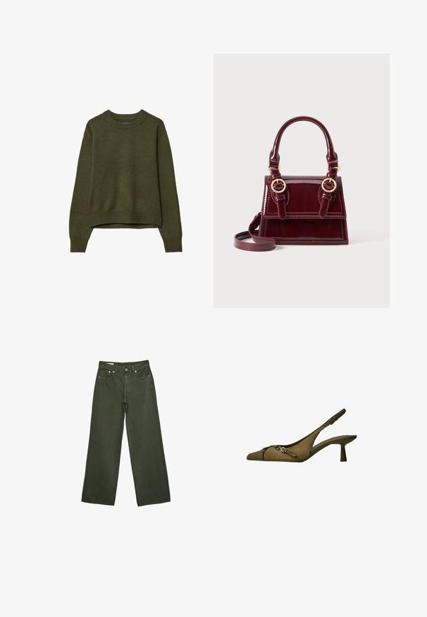 Olivnozeleni pulover s kratkimi rokavi in ribanim robom in manšetami, prikazan na beli podlagi.; Zelene hlače širokega kroja v olivni barvi s sprednjim gumbom, zadrgo, zankami za pas in zasnovo s petimi žepi, prikazane na beli podlagi.; Olivno zeleni zamšasti slingback petni čevelj z ostrim nosom, nastavljivim trakom in podrobnostjo v srebrni barvi; nizka, razširjena peta za stabilnost.; Bordo lakirana usnjena torbica z dvojno zgornjo ročico, z zlato kovinsko opremo in snemljivim naramnim trakom. Pravokotna oblika s kontrastnim šivom.; Zlata pravokotna ura na zapestju z teksturirano svetlo zeleno številčnico, dvema črnima kazaloma za ure, zlatim kovinskim zapestjem in minimalističnim dizajnom.