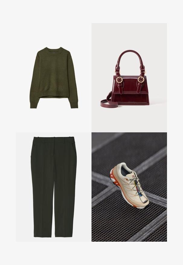 Olive green crewneck sweater with long sleeves and ribbed cuffs and hem, displayed against a white background.; Dark green, tailored trousers made of smooth fabric. Features two front pockets, a flat waistband, and straight leg design with no visible patterns.; Beige running shoe with orange accents, designed with a textured upper, black outsole, and integrated laces. Features GORE-TEX branding.; Burgundy patent leather handbag with dual top handles, gold hardware accents, and detachable shoulder strap. Rectangular shape with contrasting stitching.; Gold rectangular wristwatch with a textured light green dial, two black hour markers, a gold metal bracelet, and a minimalist design.