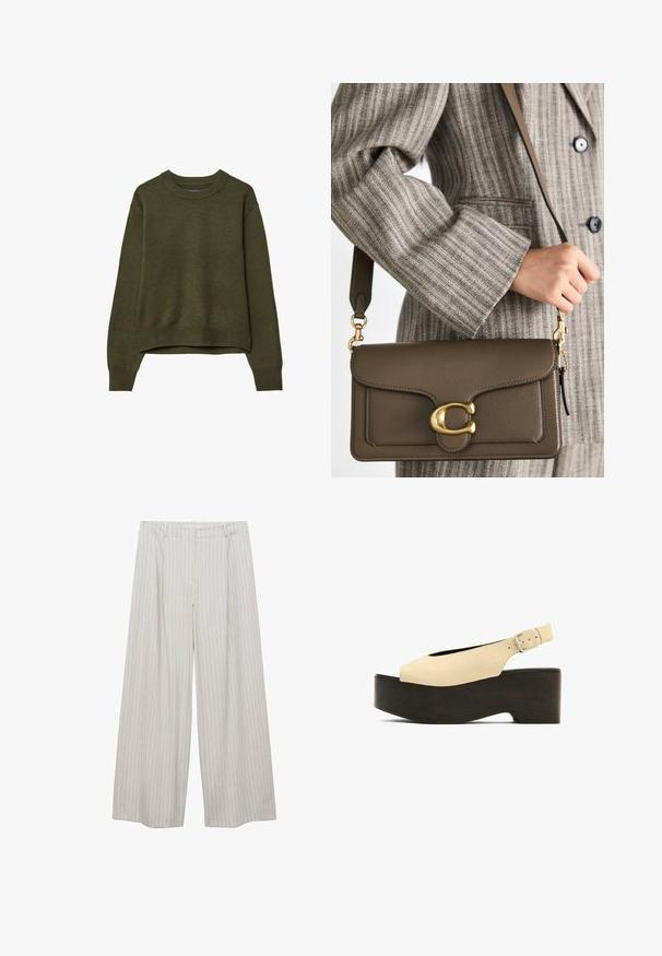 Olivově zelený svetr s kulatým výstřihem a dlouhými rukávy, s žebrovanými manžetami a lemem, vystavený na bílém pozadí.; Široké kalhoty v světle šedé barvě s vertikálními pruhy, vyrobené z měkké tkaniny, s upraveným pasem a bez viditelných zapínání.; Béžové semišové platformové sandály s otevřenou špičkou, designem se slingback a tmavým dřevěným podstavcem, s kovovou sponou pro nastavení.; COACH TABBY SHOULDER BAG 26 - Kabelka - dark stone