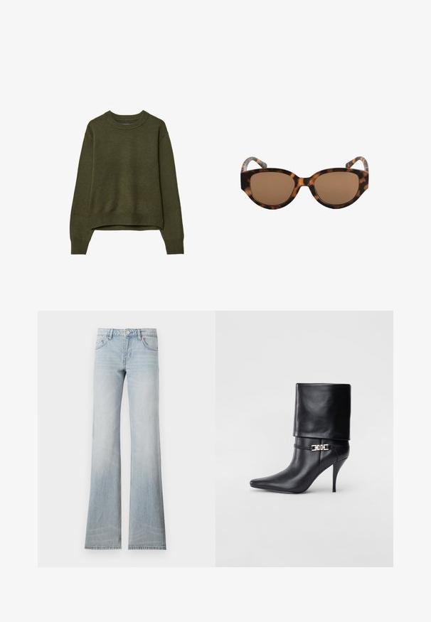 Pull en laine couleur olive avec un col rond, des manches longues et des bords côtelés, présenté sur un fond blanc.; Jean flare en denim bleu clair avec une finition délavée, cinq poches et une fermeture à bouton. Le tissu a une texture lisse et un léger stretch.; Bottine en cuir noir avec un bout pointu, un haut talon aiguille, un revers, et un détail décoratif en boucle dorée au niveau de la cheville.; Lunettes de soleil en écaille brune avec une monture en forme d'œil de chat, verres bruns et texture lisse. La monture présente des branches incurvées avec un motif subtil.