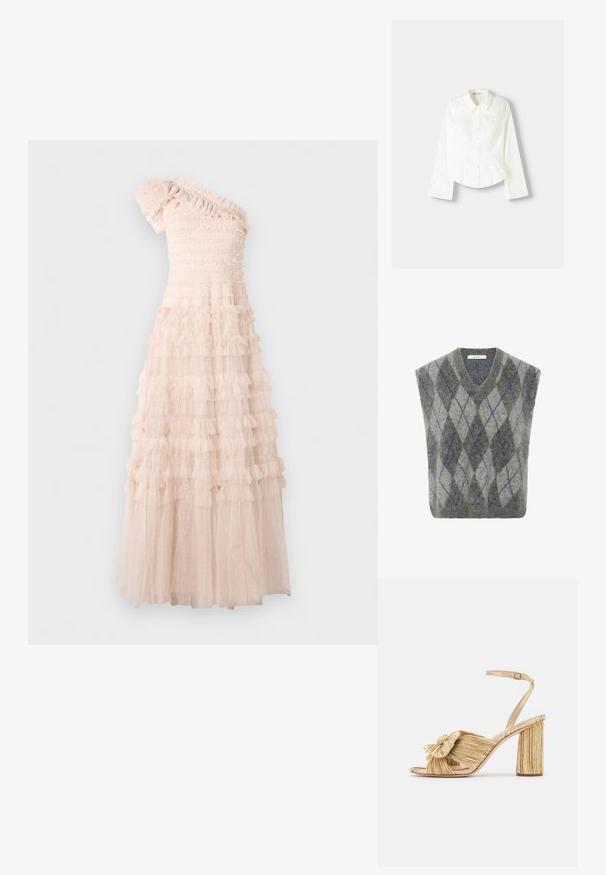 Gyapjú keverék mellény, szürke és világosszürke argyle mintával, kék kiemelésekkel. V nyakú dizájn és oversized fazon. Puha textúra.; Aszimmetrikus, egy vállon hordható ruha világos bézs színben, smockolt melltartóval és rétegzett fodrokkal a folyékony szoknyán, mely pöttyös textúrával rendelkezik.; Fehér, gombos ing hosszú ujjakkal, klasszikus gallérral, strukturált fazonnal és finom függőleges varrással a részletek kiemelésére.; Arany sarkú szandálok, elől megkötve, pliszírozott textúrával és boka pánttal. A blokksarok bordázott mintázattal rendelkezik, amely javítja a tapadást.