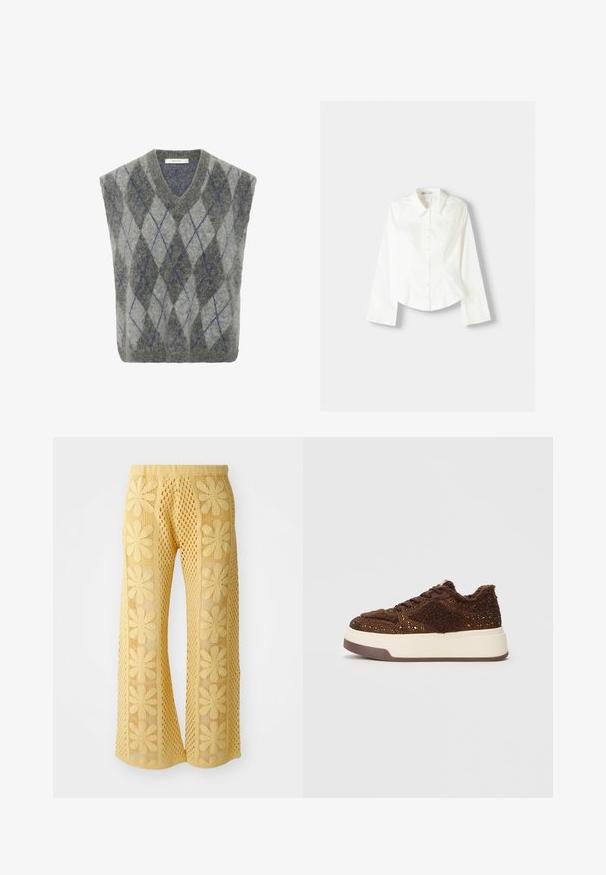 Väst i ullblandning med ett grått och ljust grått argyle-mönster med blå accenter. V-ringad design och oversize form. Mjukt material.; Vit skjorta med lång ärm, med klassisk krage, strukturerad passform och subtila vertikala sömmar för extra detalj.; Gula virkade byxor med ett blommönster, vid passform och resårmidja med en texturerad öppen stickad design.; Bruna plattformssneakers med texturerad tyg och glittriga detaljer, en mjuk krage och en slitstark gummisula.