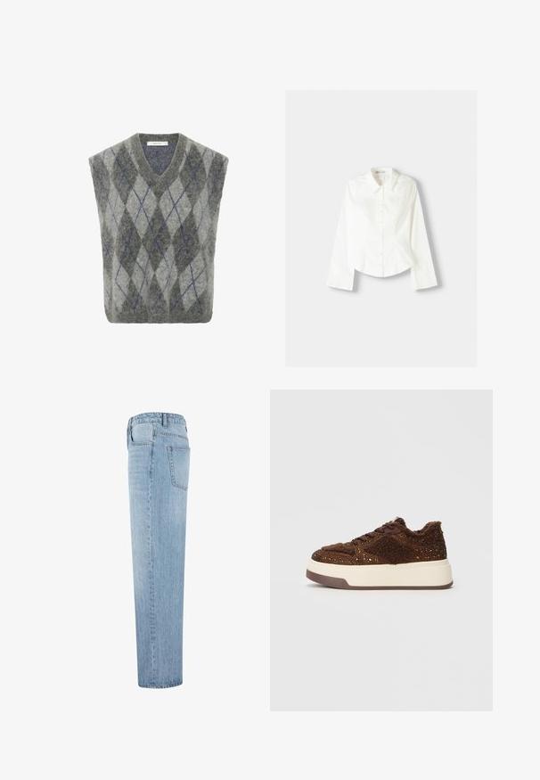 Vesta z vlněné směsi s šedým a světle šedým argyle vzorem a modrými akcenty. Design s V výstřihem a oversized střihem. Měkká textura.; Bílá košile s dlouhými rukávy, se klasickým límcem, strukturovaným střihem a jemnými vertikálními švy pro zvýšení detailu.; Svetle modré džíny rovného střihu s vysokým pasem a viditelnou zadní kapsou, zobrazené ze strany na bílém pozadí.; Hnědé platformové tenisky s texturovaným materiálem a třpytivými akcenty, měkkým límcem a odolnou gumovou podrážkou.