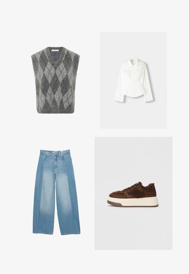 Wool blend vest featuring a grey and light grey argyle pattern with blue accents. V-neck design and oversized shape. Soft texture.; White button-up shirt with long sleeves, featuring a classic collar, structured fit, and subtle vertical seams for added detail.; Wide-leg denim jeans in light blue, featuring a unique design with two textured panels. Five-pocket style with a button closure.; Brown platform sneakers featuring textured fabric with sparkly accents, a plush collar, and a durable rubber sole.