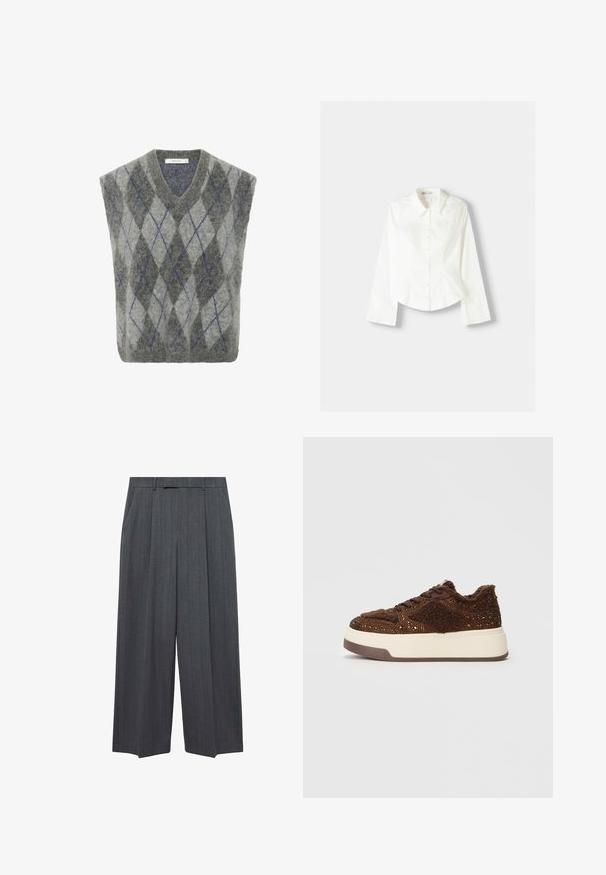 Wollen blend vest met een grijs en lichtgrijs ruitpatroon met blauwe accenten. V-hals ontwerp en oversized pasvorm. Zachte textuur.; Witte overhemdd met lange mouwen, voorzien van een klassieke kraag, gestructureerde pasvorm en subtiele verticale naden voor extra detail.; Mango Broek - grey; Bruine platform sneakers met textuurstof en sprankelende accenten, een zachte kraag en een duurzame rubberen zool.