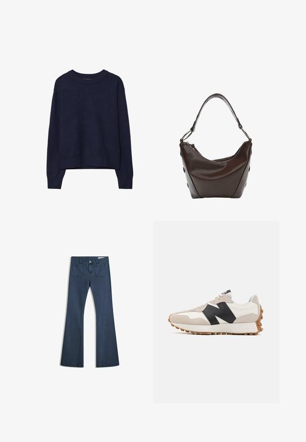 Maglione lavorato a maglia blu navy, texture morbida, scollatura rotonda, spalle scese, lunghezza cropped, polsini e orlo a coste.; Jeans in denim blu scuro a fiala con tasche cucite, chiusura con bottone e una texture liscia. Presenta un classico design a cinque tasche.; Scarpe da corsa con tomaia in suede e pelle bianca e beige, caratterizzate da un grande logo nero, suola in gomma e dettagli testurizzati.; Borsa in pelle marrone scuro con forma curvata, chiusura con zip e manico corto. Caratterizzata da hardware in metallo e bottoni neri decorativi sul lato.