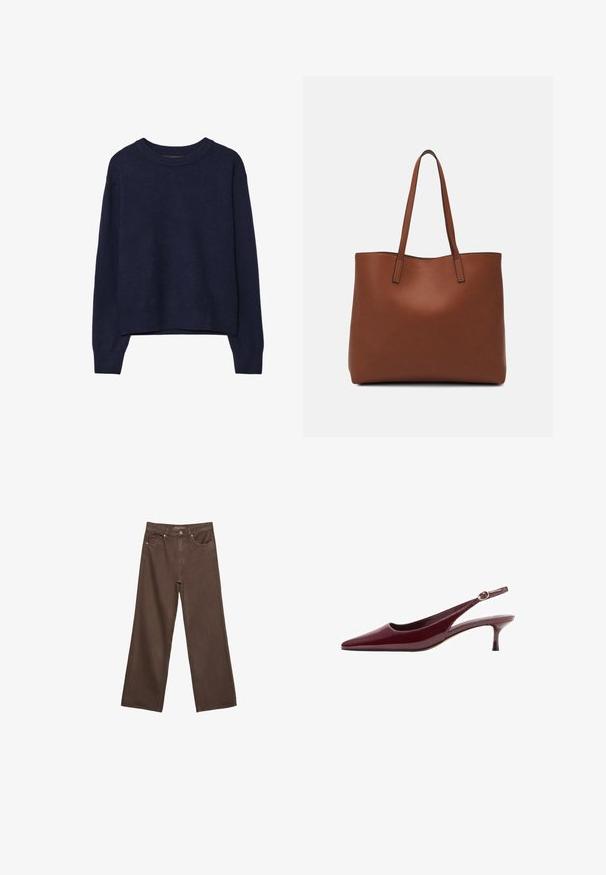 Granatowy sweter w dzianinę, miękka tekstura, okrągły dekolt, opadające ramiona, skrócona długość, ściągacze przy mankietach i u dołu.; Szerokie brązowe dżinsy wykonane z denimu, z wysokim stanem, przednimi kieszeniami i klasycznym zapięciem na guzik. Gładka faktura z subtelnym przeszyciem.; Burgundowe lakierowane sandały na obcasie z wąskim noskiem i cienkim, eleganckim obcasem, z detalem w postaci złotej sprzączki na pasku.; Brązowa skórzana torba tote o gładkiej fakturze, z otwartym wierzchem i dwoma ramiączkami. Charakteryzuje się minimalnym przeszyciem i brakiem widocznych elementów metalowych.