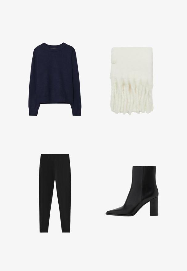 Pull en maille bleu marine, texture douce, encolure ronde, épaules tombantes, longueur raccourcie, bords côtelés aux poignets et à l'ourlet.; Leggings noirs en tissu extensible. Ils possèdent une large taille côtelée et une silhouette ajustée qui s'affine aux chevilles.; Botte chelsea en cuir noir avec un bout pointu, un talon carré, une texture lisse et des détails de couture le long des coutures. Les talons mesurent environ 8,9 cm.; Écharpe en laine blanche avec des franges en bas, présentant un bouton circulaire sur un côté. Texture douce, forme rectangulaire.; Sac fourre-tout en cuir noir avec une texture lisse, de forme rectangulaire et deux longues poignées. Pas de matériel ou d'ornementations visibles.