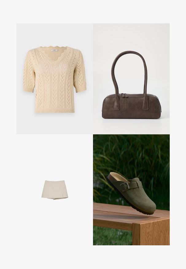 Pull en tricot marron avec un large col, fermeture à demi-zip à l'avant et épaules tombantes. Présente une texture côtelée et une longueur crop.; Pull en tricot beige avec un col en V, des manches courtes et des bords festonnés. Présente un motif en zigzag et un design en tricot ouvert pour une meilleure respirabilité.; Jupe-culotte beige pour femmes avec une légère fente avant et un short intégré en dessous, présentée sur un fond blanc.; Sabots en daim vert avec un bout arrondi, boucle métallique ajustable et semelle en liège profilée. Semelle texturée sur une surface en bois.; Sac à main en cuir marron avec deux poignées robustes, de forme rectangulaire, texture lisse et fermeture zippée. Design minimaliste sans motifs visibles.
