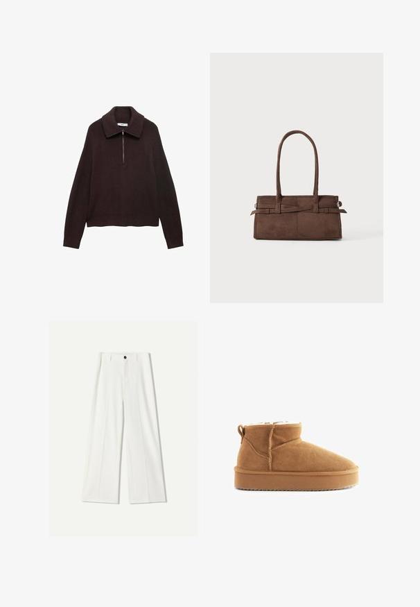 Bruine gebreide trui met een brede kraag, halve rits aan de voorkant en verlaagde schouders. Heeft een geribbelde textuur en een verkorte lengte.; Witte wijde pantalon van soepel materiaal, met een sluiting aan de voorkant met een knoop en geplooide details. Plat voorkant ontwerp, zonder zichtbare zakken.; Bruine suède enkellaars met een zachte binnenvoering, ronde neus en een platte rubberen zool. Kenmerkt zich door een gestikte naad en een achterste lus.; Bruine suède handtas met twee stevige handvatten, een rechthoekige vorm en een decoratieve band over de voorkant.