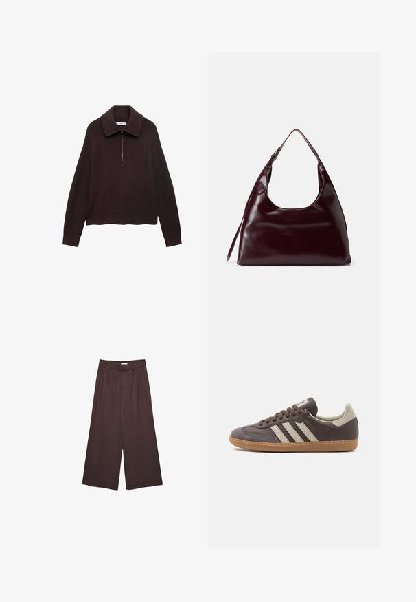 Bruine gebreide trui met een brede kraag, halve rits aan de voorkant en verlaagde schouders. Heeft een geribbelde textuur en een verkorte lengte.; Bruine wijde broek gemaakt van zachte stof, met plooien in de taille en zijzakken. Tailored silhouette met een comfortabele pasvorm.; Bruine leren sneaker met drie lichtgekleurde strepen, rubberen gumzool, ronde neus en gestructureerde nubuck accenten op de hiel en neus.; Bordeaux lederen handtas met een ronde uitsparing aan de bovenkant, een gladde textuur en een lange schouderband. De tas heeft een minimalistisch ontwerp en geen zichtbare hardware.