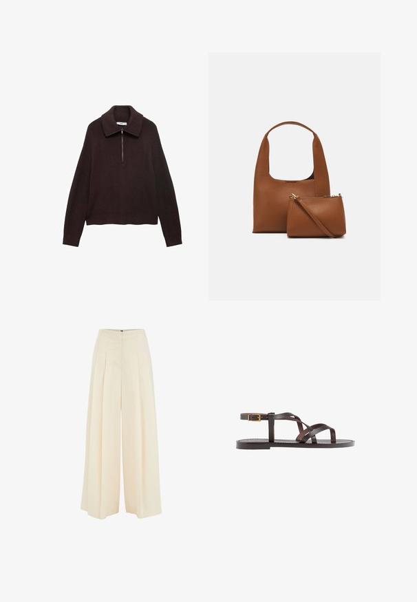 Hnědý pletený svetr s širokým límcem, uzávěrem na půl-zip v přední části a spadlými rameny. Má strukturu s žebrovaným vzorem a zkrácenou délku.; Široké kalhoty z lehkého béžového materiálu, s plisovaným předním designem, vysokým pasem a hladkým povrchem. Žádné viditelné kování nebo vzory.; Hnědé kožené sandály s kříženými pásky, uzavřením na přezku u kotníku a plochou podrážkou s minimem švů.; Hnědá syntetická kabelka s prohnutým uchem a hladkým povrchem. Obsahuje odpovídající malou taštičku se zipem. Minimalistický design.