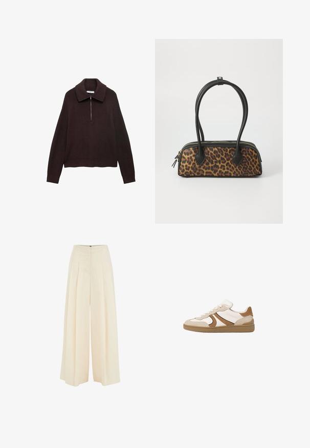 Brauner Strickpullover mit weitem Kragen, halber Reißverschluss vorne und überschnittenen Schultern. Hat eine Rippstruktur und eine verkürzte Länge.; Weite Hosen aus leicht beigem Stoff, mit plissiertem Vorderdesign, hoher Taille und glatter Textur. Keine sichtbaren Beschläge oder Muster.; Sneaker mit einem Obermaterial aus weißem Leder, Akzenten aus braunem Wildleder und einer Gummisohle; verfügt über ein Low-Top-Design und flache Schnürsenkel.; Leopardenmuster-Handtasche mit schwarzem Kunstlederboden, doppelten oberen Griffen, goldfarbenem Reißverschluss und akzentuierten schwarzen Kunstlederlaschen. Rechteckige Form.