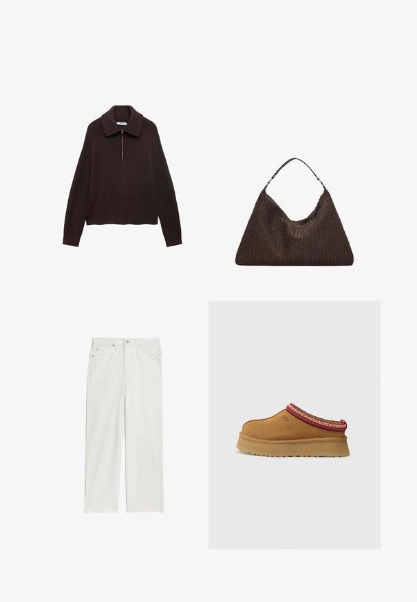Brun stickad tröja med vid krage, halvmoln fram och sänkta axlar. Har ribbad textur och cropped längd.; Vita denimjeans med rak bendesign, med framfickor och metallknappar som accent. Slät textur med minimala sömnadsdetaljer.; Bruna mockasin i mocka med röd och gräddfärgad mönstrad trim, texturerad sula och UGG-logotyp på sidan. Har en lätt plattformshöjd.; Brun vävd läderhandväska med en slapp, triangulär form. Har ett flätat handtag och en dragkedjestängning längs toppen.