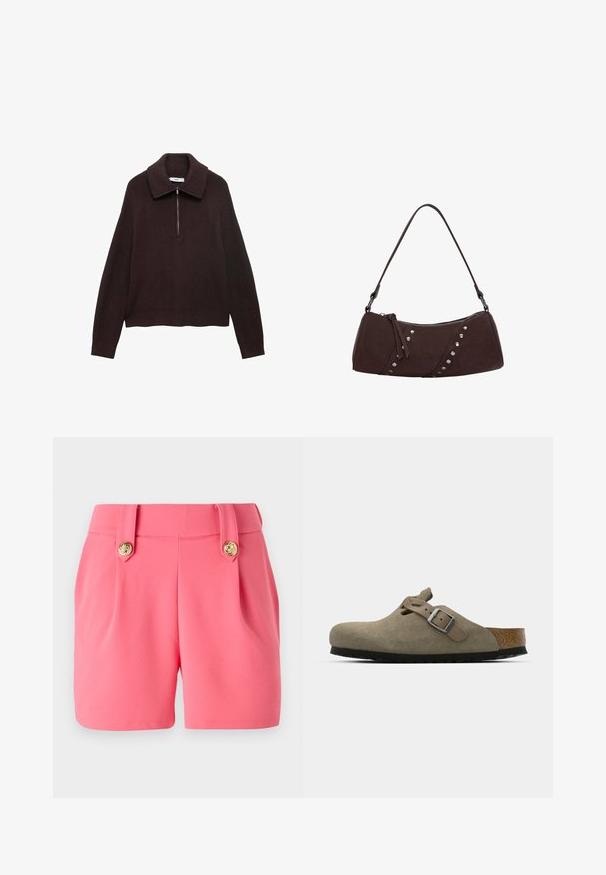 Pull en tricot marron avec un large col, fermeture à demi-zip à l'avant et épaules tombantes. Présente une texture côtelée et une longueur crop.; Shorts roses en matériau doux, avec deux plis à l'avant, des détails en bouton doré et une coupe ajustée.; Sabots en velours côtelé vert olive clair avec une semelle en liège et en caoutchouc moulée. Dispose d'une sangle latérale avec une boucle en métal et d'un bout arrondi.; Sac à main en cuir synthétique marron avec une forme courbée, fermeture à zip et clous décoratifs argentés le long d'un côté. Dispose d'une courte bandoulière.