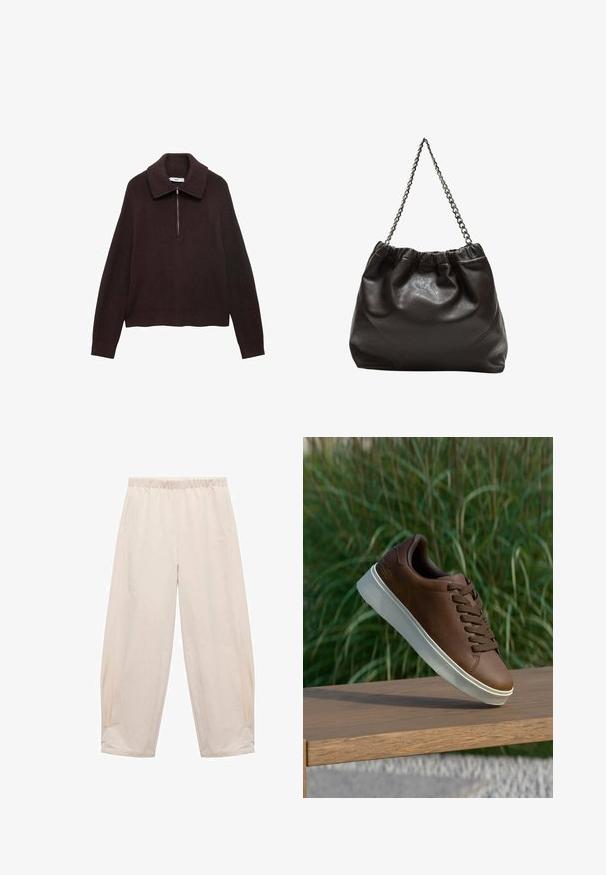 Pull en tricot marron avec un large col, fermeture à demi-zip à l'avant et épaules tombantes. Présente une texture côtelée et une longueur crop.; Pantalons à taille élastique en beige clair. Fabriqués en tissu doux avec des poches latérales et une coupe décontractée et ample. Ajustés à la cheville.; Baskets en cuir marron avec semelle en caoutchouc blanche, bout rond et lacets marron. Semelle avec grip texturé et finition lisse sur le dessus.; Sac en cuir marron avec un haut froncé et une bandoulière en chaîne. Texture lisse avec une finition brillante et des coutures subtiles sur les côtés.