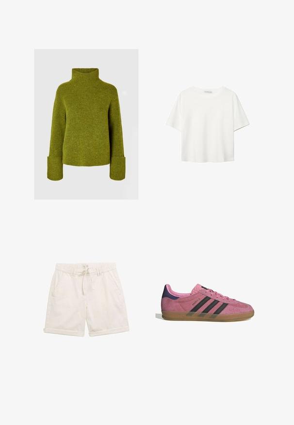 Selected Femme ROLLKRAGEN - Pulover - cardamom seed; Bela kratka majica s kratkimi rokavi iz bombaža. Ima okroglo izrezovanje in sproščen kroj. Gladka tekstura brez vidnih vzorcev ali poudarkov.; Svetlo bež kratke hlače iz bombaža, z elastičnim pasom, sprednjimi žepi in zavihanimi rokavi. Preprosta, teksturirana tkanina in zaveza na vrvico.; Roza semišna tenisača z črnimi stripe, gumijastim podplatom in teksturiranim vijoličastim petnim delom. Ima vezalni dizajn in embosirano blagovno znamko na strani.