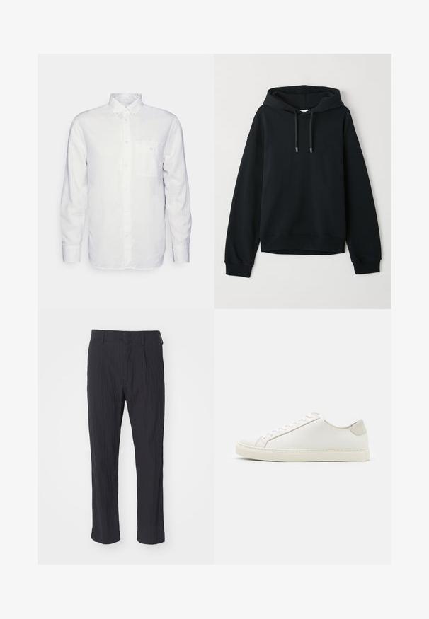 Felpa nera realizzata in una morbida combinazione di cotone. Presenta un cappuccio con cordino, polsini e orlo a costine, con un logo discreto sul petto.; Camicia bianca a maniche lunghe realizzata in cotone, con colletto button-down, tasca frontale e vestibilità regolare. Tessuto testurizzato con una superficie liscia.; Pantaloni neri plissettati con tessuto testurizzato, caratterizzati da un design a gamba dritta e una vita standard. Senza tasche visibili o componenti metallici.; Sneaker bianca in pelle con superficie liscia, punta rotonda e design minimalista. Presenta dettagli beige sul tallone e una suola in gomma.