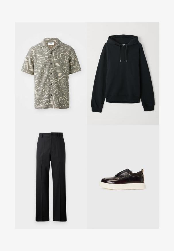 Sudadera negra hecha de una suave mezcla de algodón. Cuenta con una capucha ajustable con cordón, puños y dobladillo acanalados, y un sutil logotipo en el pecho.; Camisa de botones de manga corta en verde apagado y crema, con patrones abstractos, tejido texturizado y cinco botones en la parte frontal.; Pantalones rectos negros con pasadores para cinturón, cierre frontal de botón y cremallera, expuestos sobre un fondo blanco liso.; Zapato marrón de piel sin cordones con punta redondeada, suela plataforma blanca en contraste y detalle de costuras mínimas a lo largo de los bordes.