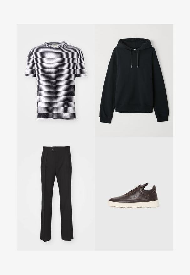 Juodas džemperis, pagamintas iš minkšto medvilnės mišinio. Pasižymi su dviem virvelėmis reguliuojama kapuce, apsauginiais rankogaliais ir apačia, su subtiliu logotipu ant krūtinės.; Trumpas rankovėmis T-palaidinės marškinėliai iš medvilnės su apvalia iškirpte, puoštas pakaitomis mėlynai ir baltai horizontaliomis juostomis. Paprastas, kasdieniškas dizainas.; Juodi pritaikyti kelnių, turinčių tiesų kojų dizainą, dvi priekinės kišenės ir dvigubą mygtuko užsegimą liemenyje. Lygus audinio paviršius.; Tamsiai rudas tekstūruotas odinis sportbačius su raišteliais ir baltu grioveliu ant gumos pado, pateiktas ant šviesaus fono.