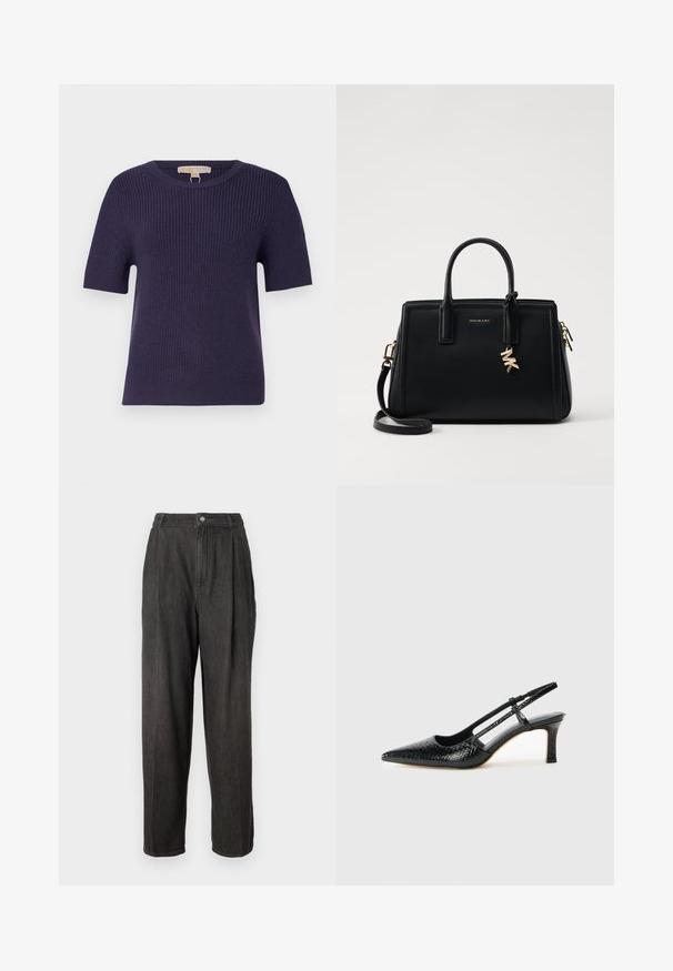 MICHAEL Michael Kors SHORT SHAKER - Strikkegenser - dark iris; Mørkegrå denimbukser med høy midje, legg på forsiden, rette ben og en enkelt knappelukking i midjen.; Sorte patent slingback hæl med spids tå, featuring tekstureret slangeskind, justerbar rem og en kort, tekstureret blokhæl.; Svart skinnhåndveske med strukturert design, doble topphåndtak, avtakbar skulderrem, gullfarget hardware og en logo-detalj.