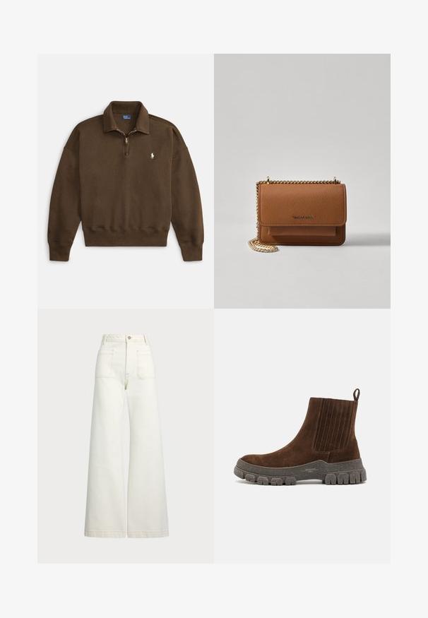 Brūns pulovers ar rāvējslēdzēja kaklu, ribotām aprocēm un apakšiņu, ar nelielu baltu logotipu kreisajā krūtīs. Mīksts, teksturēts audums.; Platās kājas džinsi off-white denima. Augsta jostasvieta ar pogu aizdari, divas priekšējās kabatas un kontrastējošas šuvju detaļas.; Weekend Max Mara GENEPI - Puszābaki ar platformu - moro; Brūna teksturēta ādas plecu soma ar zelta ķēdes siksnu un atloka aizdari. Priekšpusē ir logotipa detaļa un kabata zem atloka.