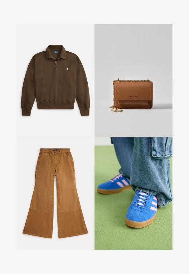 Hnědá mikina s límcem na zip, žebrovanými manžetami a lemem, s malým bílým logem na levé straně hrudi. Měkká, strukturovaná látka.; Hnědé široké kalhoty z bavlny s nášivkami, zapínáním na knoflíky a šikmými kapsami vpředu. Hladká textura, ležérní design.; Modré semišové boty s růžovými pruhy a bílými tkaničkami, vybavené gumovou podrážkou, spárované s volnými džínovými kalhotami na zeleném povrchu.; Hnědá texturovaná kožená kabelka přes rameno se zlatým řetízkovým popruhem a klopnovým uzavíráním. Přední strana obsahuje detail loga a kapsu pod klopou.