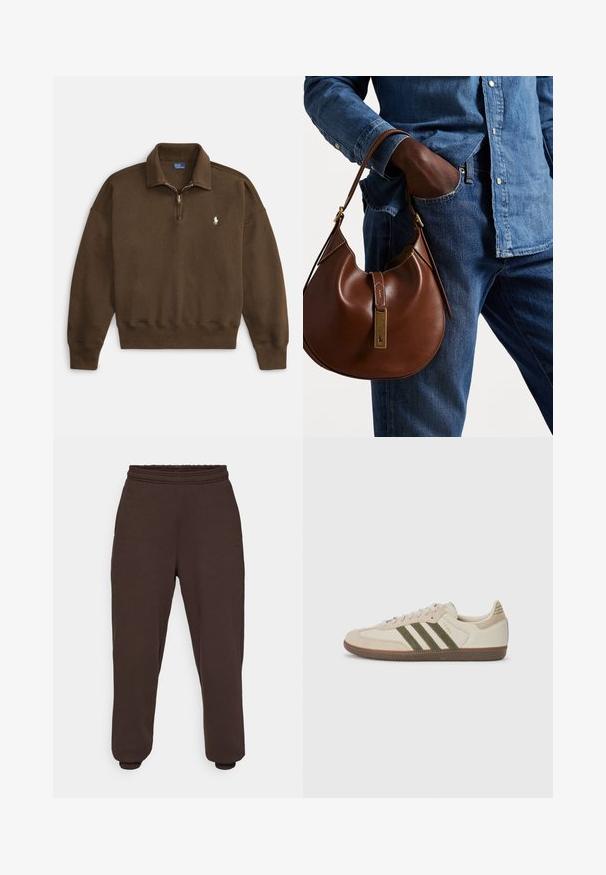 Brown pullover sweatshirt with a zippered neck, ribbed cuffs and hem, featuring a small white logo on the left chest. Soft, textured fabric.; Dark brown sweatpants made from soft fabric, featuring an elastic waistband and elastic cuffs at the ankles. Minimalistic design with no patterns.; adidas Originals SAMBA OG UNISEX - Trainers - alumina/medium dark khaki/gum; Brown leather hobo bag with a rounded shape, featuring a gold hardware accent and contrast stitching. Paired with a denim shirt and jeans.