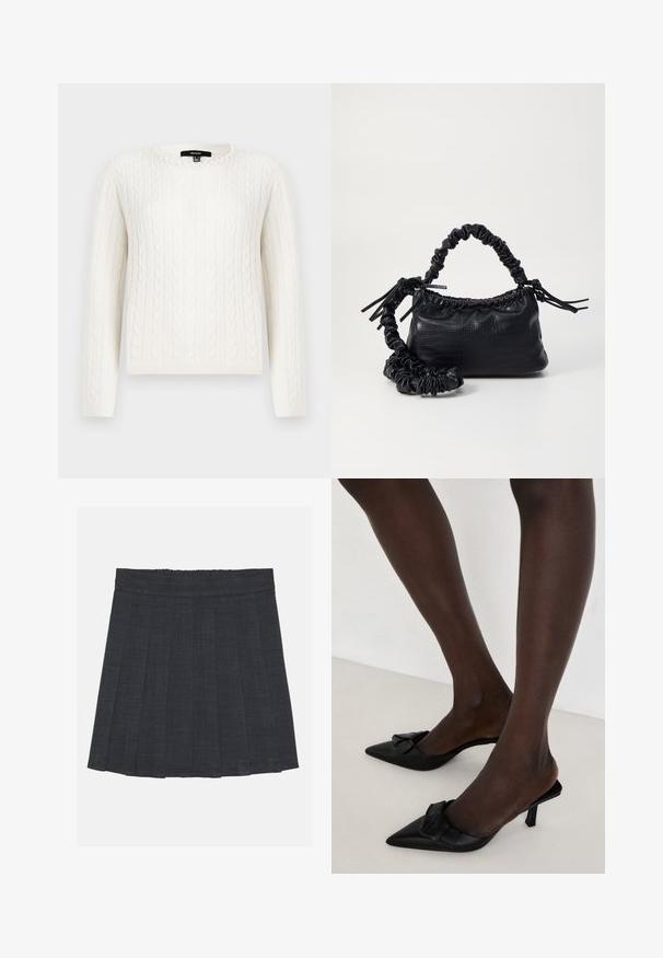 Bela pulover iz pletenine z dolgimi rokavi, okroglo ovratnico in okrasnim bisernim detajlom pri ovratniku. Mehka tekstura in prilagojen dizajn.; Temno siva nabrana krila z elastičnim pasom, ki ima teksturirano tkanino in klasično silhueto v obliki črke A. Primerna za vsakodnevno nošenje.; Črne mule s koničastim prstom iz gladkega usnja, ki imajo poudarjen lok na zgornjem delu in kratek, sladen peto.; Črna torbica iz umetnega usnja s krokodilovo teksturo, z zvitim vrhom in zmečkano naramico. Zdi se mehka in kompaktna v oblikovanju.