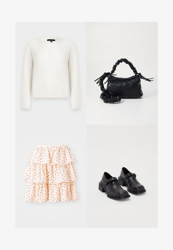 Suéter branco em malha com trançado, apresentando mangas longas, decote redondo e um detalhe decorativo de pérola na gola. Textura suave e design ajustado.; Saia franzida em tecido creme claro com bolinhas vermelhas. Apresenta três camadas de volantes na barra e um cós elástico.; Sapatos de couro pretos com um bico redondo, sola plana e uma fita com detalhe de fivela. Salto bloco robusto para maior estabilidade.; Bolsa de mão em couro sintético preto com textura de crocodilo, topo franzido e alça enrugada. Apresenta um design suave e compacto.