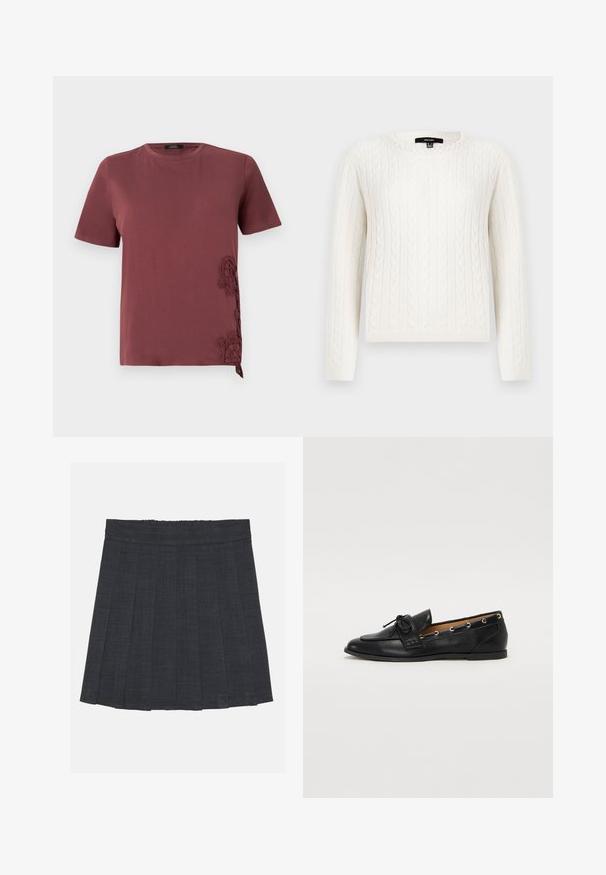 White cable-knit sweater featuring long sleeves, a round neckline, and a decorative pearl accent at the collar. Soft texture and fitted design.; Maroon T-shirt made from soft fabric, featuring short sleeves and intricate lace detailing on the side, with a tied accent at the hem.; Dark gray pleated skirt with an elastic waistband, featuring a textured fabric and a classic A-line silhouette. Suitable for casual wear.; Black leather loafers with a tied bow, featuring gold eyelet accents along the sides and a flat rubber sole. Smooth texture, classic design.