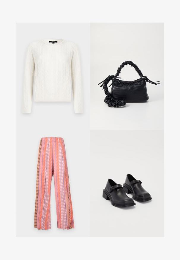 Suéter branco em malha com trançado, apresentando mangas longas, decote redondo e um detalhe decorativo de pérola na gola. Textura suave e design ajustado.; Calças largas com riscas verticais nas cores rosa, laranja e castanho. Os padrões incluem desenhos florais e geométricos.; Sapatos de couro pretos com um bico redondo, sola plana e uma fita com detalhe de fivela. Salto bloco robusto para maior estabilidade.; Bolsa de mão em couro sintético preto com textura de crocodilo, topo franzido e alça enrugada. Apresenta um design suave e compacto.