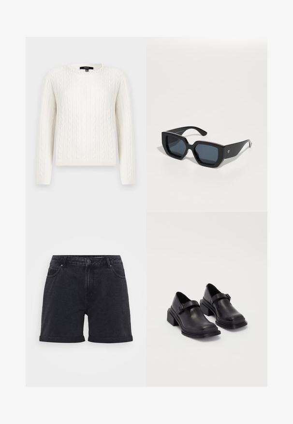 Weißer Strickpullover mit Kabelmuster, langen Ärmeln, rundem Halsausschnitt und einem dekorativen Perlenakzent am Kragen. Weicher Stoff und taillierte Passform.; Schwarze Denim-Shorts mit klassischem Design, ausgestattet mit umgeschlagenen Säumen, Gürtelschlaufen und vorderen Taschen. Glatte Textur mit dezenten Stichdetails.; Schwarze Lederhalbschuhe mit runder Zehenpartie, flacher Sohle und einem Riemen mit Schnallen-Detail. Robuster Blockabsatz für zusätzliche Stabilität.; Schwarze, übergroße Sonnenbrillen mit geometrischem Design, rechteckigen Gläsern und glänzender Oberfläche. Keine sichtbaren Markenkennzeichnungen auf der Vorderseite.; Silberne Creolen mit einer glatten, polierten Oberfläche. Runder Form und sicherem Klickverschluss. Leichtes Design, geeignet für den täglichen Gebrauch.