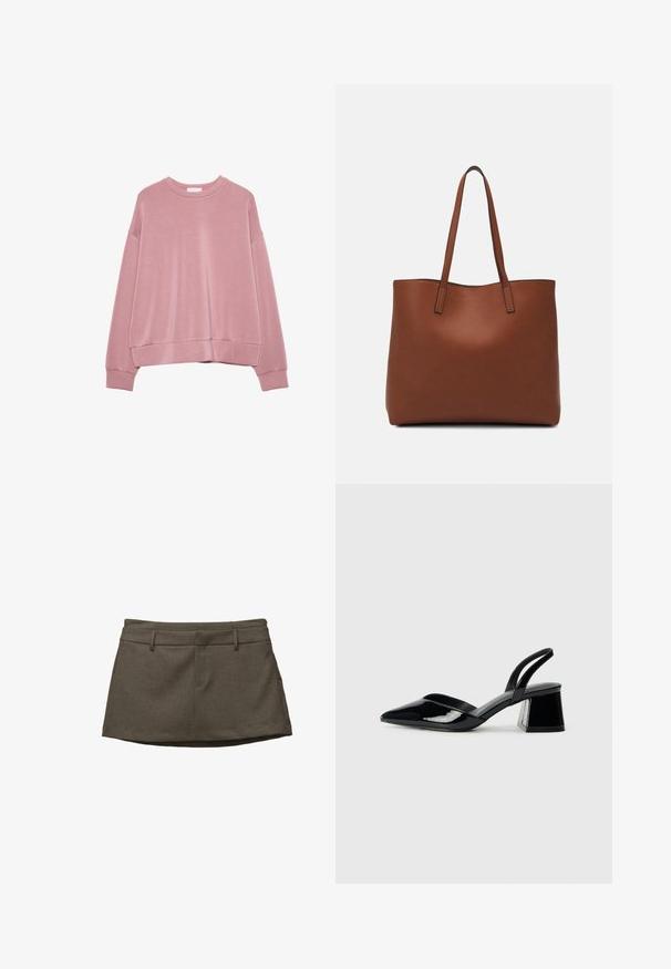 Svijetlo ružičasta dukserica s dugim rukavima, okruglim izrezom, spuštenim ramenima te rebrastim manžetama i rubom.; Smeđa suknja s krojem, koja ima petlje za remen, dva prednja džepa i teksturiranu tkaninu. Rez je blago zakrivljen.; Crne lakirane kožne sandale s otvorenom petom i špicastim vrhom, s geometrijskom blok petom. Imaju elegantan, minimalistički dizajn i glatku teksturu.; Smeđa kožna torba preko ramena s glatkom teksturom, otvorenim vrhom i dvjema naramenicama. Ima minimalne šavove i nema vidljivog hardvera.