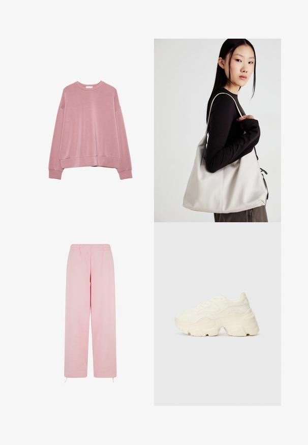 Svijetlo ružičasta dukserica s dugim rukavima, okruglim izrezom, spuštenim ramenima te rebrastim manžetama i rubom.; Svijetloružičaste trenerke napravljene od mekanog materijala, s elastičnim pojasom, ravnim nogavicama i podesivim vezicama na rubu.; Masivne bijele tenisice od teksturirane mreže i sintetičkih materijala, sa debelim potplatom i složenim uzorcima duž strana.; Bežna torba od mekog materijala s opuštenim dizajnom, šivanim detaljima i dva remena za rame. Pogodna za svakodnevnu upotrebu.