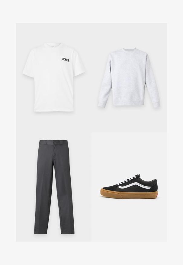 Sweatshirt cinza claro feito de tecido suave, com decote redondo, mangas longas e punhos e bainha canelados. Design minimalista sem padrões.; T-shirt branco de manga curta feito de algodão. Apresenta um decote redondo e um pequeno logótipo preto "DICKIES" na área do peito esquerdo.; Calças cinzentas feitas de tecido suave, apresentando um design de perna reta, fecho de botão e passantes para cinto; costuras mínimas e sem padrões.; Ténis de camurça preta com risca lateral branca, atacadores brancos e sola de borracha tipo gum. Design clássico de baixo com pormenores texturizados e bico arredondado.