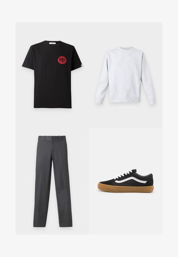 Merser gri deschis dintr-un material moale, cu guler rotund, mâneci lungi și manșete și tiv cu model în relief. Design minimalist, fără modele.; Tricou negru din bumbac cu mâneci scurte, având un imprimeu circular roșu care include cifrele "981" și cuvântul "REPLAY."; Pantaloni gri, dintr-un material neted, cu un design drept, închidere cu nasture și bucle pentru curea; cusături minime și fără modele.; Adidași din suede negru cu dungi albe pe lateral, șireturi albe și talpă din cauciuc natural. Design clasic de tip low-top cu accente texturate și vârf rotunjit.