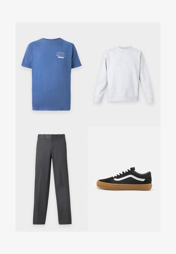 Vaaleanharmaa svetari, joka on valmistettu pehmeästä kankaasta. Siinä on pyöreä kaula-aukko, pitkät hihat sekä ribbaatut hihansuunkohdat ja helma. Minimalistinen muotoilu ilman kuvioita.; Sininen lyhythihainen t-paita, jossa on pieni valkoinen "OBEY Perpetual Persistent movement" -teksti vasemmassa rinnassa.; Harmaat housut sileästä kankaasta, suoran lahkeen muotoilu, nappisulku ja vyölenkit; minimaalinen saumaus eikä kuvioita.; Mustat nahkakengät valkoisella sivuviivalla, valkoiset nauhat ja kuminen pohja. Klassinen matala muotoilu, jossa on tekstuurisia yksityiskohtia ja pyöristetty kärki.