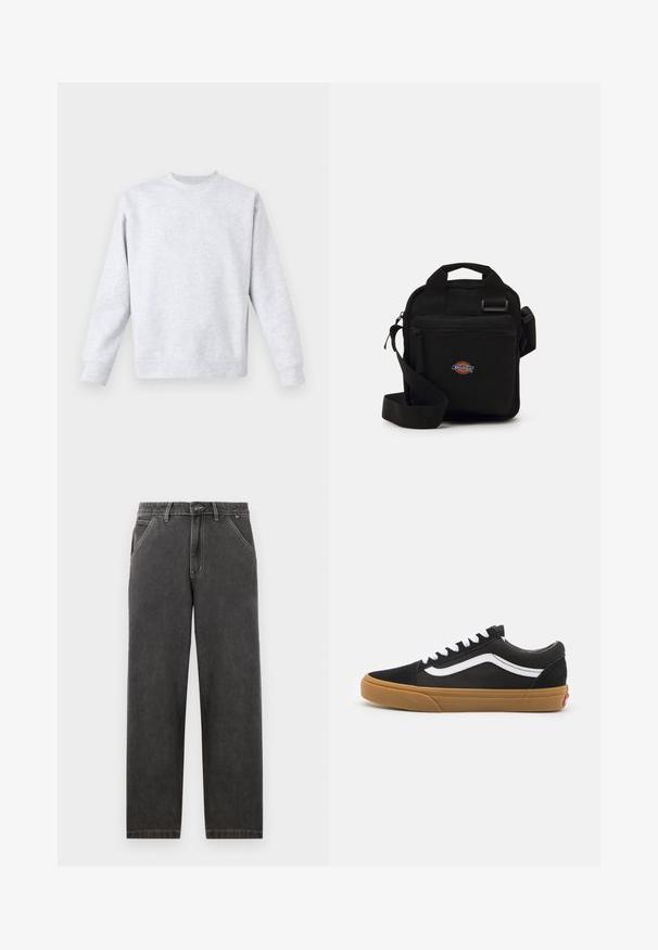 Felpa grigia chiara realizzata in un tessuto morbido, con collo rotondo, maniche lunghe e polsini e orlo a coste. Design minimalista senza fantasie.; Pantaloni in denim grigio scuro con vestibilità dritta, caratterizzati da cuciture bianche a contrasto, chiusura con bottone e tasche laterali.; Sneakers in camoscio nero con striscia laterale bianca, lacci bianchi e suola in gomma marrone. Design classico low-top con accenti testurizzati e punta arrotondata.; Borsa a tracolla nera con tasca con zip, forma rettangolare, realizzata in tessuto, con una patch del logo sul davanti e spallaccio regolabile.