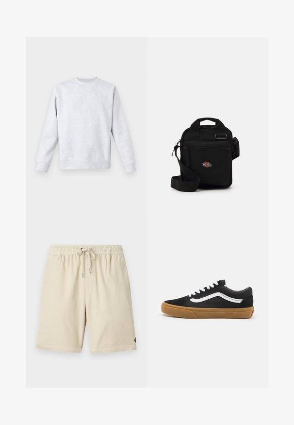 Helles graues Sweatshirt aus weichem Stoff, mit Rundhalsausschnitt, langen Ärmeln sowie gerippten Bündchen und Saum. Minimalistisches Design ohne Muster.; Beige Cordshorts mit elastischem Bund und Kordelzug, ausgestattet mit einer dezenten vertikalen Rippstruktur und einem kleinen Etikett an der Seite.; Schwarze Wildledersneaker mit einem weißen Seitenstreifen, weißen Schnürsenkeln und Gummi-Sohle. Klassisches Low-Top-Design mit strukturierten Akzenten und runder Zehenpartie.; Schwarze Umhängetasche mit einem Reißverschlussfach, rechteckiger Form, aus Stoff gefertigt, mit einem Logo-Patch auf der Vorderseite und verstellbarem Schultergurt.