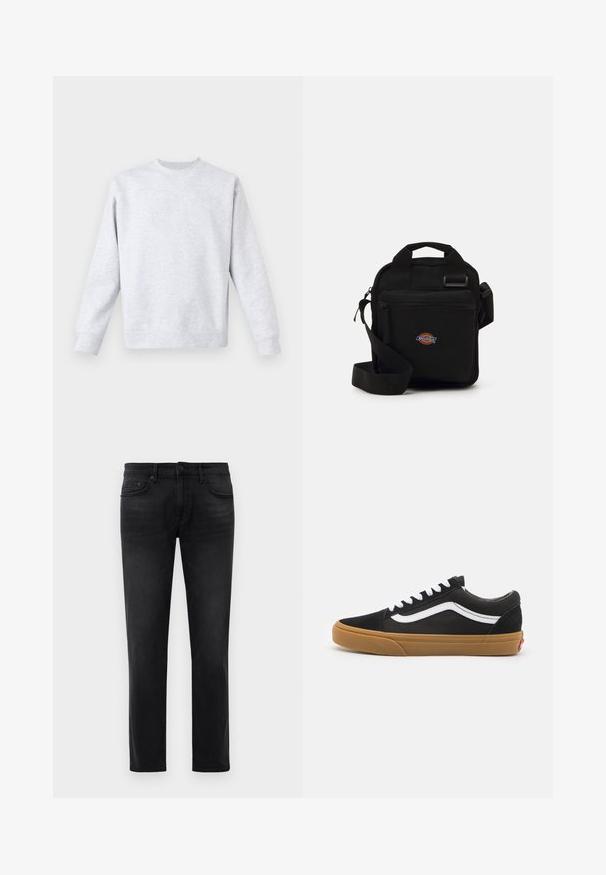Svetle šedý svetr vyrobený z měkké látky, s kulatým výstřihem, dlouhými rukávy a žebrovanými manžetami a lemem. Minimalistický design bez vzorů.; Černé slim-fit džíny s pěti kapsami, poutky na opasek a zapínáním na knoflík, ležící na bílém pozadí.; Černé semišové tenisky s bílým bočním pruhem, bílými tkaničkami a gumovou podrážkou. Klasický nízký design s texturovanými akcenty a zaoblenou špičkou.; Černá crossbody taška se zipovou kapsou, obdélníkový tvar, vyrobená z látky, s logem na přední straně, nastavitelné ramenní popruhy.