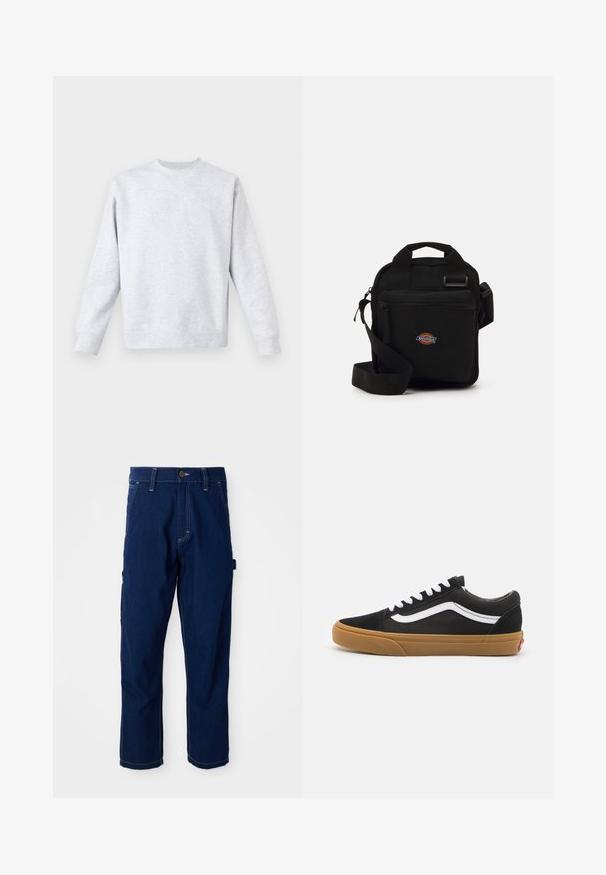 Felpa grigia chiara realizzata in un tessuto morbido, con collo rotondo, maniche lunghe e polsini e orlo a coste. Design minimalista senza fantasie.; Pantaloni da lavoro in denim blu scuro a gamba dritta con cuciture bianche, passanti per cintura, tasche anteriori e un anello per utensili laterale su uno sfondo bianco.; Sneakers in camoscio nero con striscia laterale bianca, lacci bianchi e suola in gomma marrone. Design classico low-top con accenti testurizzati e punta arrotondata.; Borsa a tracolla nera con tasca con zip, forma rettangolare, realizzata in tessuto, con una patch del logo sul davanti e spallaccio regolabile.