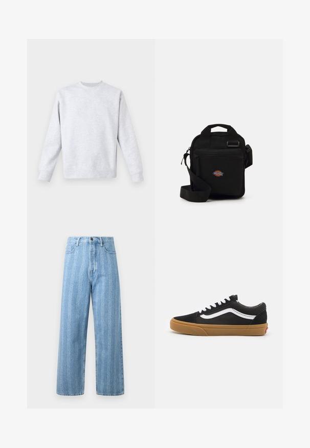 Helles graues Sweatshirt aus weichem Stoff, mit Rundhalsausschnitt, langen Ärmeln sowie gerippten Bündchen und Saum. Minimalistisches Design ohne Muster.; Hellblaue Denim-Jeans mit weitem Bein, die ein wiederkehrendes Kettenmuster aufweisen. Klassischer Fünf-Taschen-Stil und metallischer Knopf. ; Schwarze Wildledersneaker mit einem weißen Seitenstreifen, weißen Schnürsenkeln und Gummi-Sohle. Klassisches Low-Top-Design mit strukturierten Akzenten und runder Zehenpartie.; Schwarze Umhängetasche mit einem Reißverschlussfach, rechteckiger Form, aus Stoff gefertigt, mit einem Logo-Patch auf der Vorderseite und verstellbarem Schultergurt.