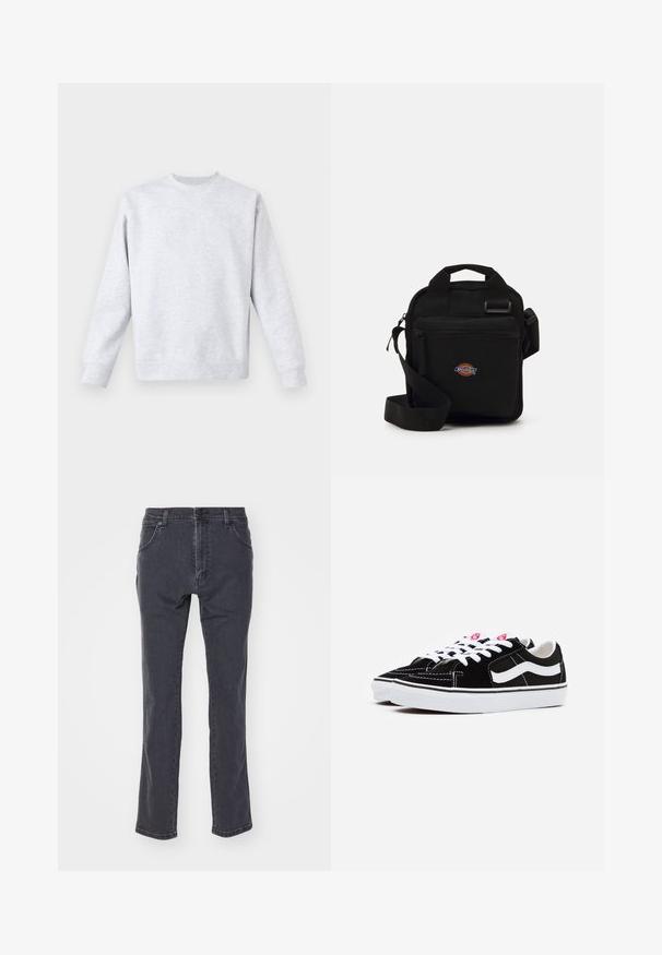 Svetle šedý svetr vyrobený z měkké látky, s kulatým výstřihem, dlouhými rukávy a žebrovanými manžetami a lemem. Minimalistický design bez vzorů.; Tmavě šedé džíny vyrobené z denimu, s rovnými nohavicemi, pěti kapsami a klasickým knoflíkovým zapínáním v pase.; Černé semišové tenisky s bílými tkaničkami, s výrazným bílým bočním pruhem a černou gumovou podrážkou, zdobené detaily kontrastního šití.; Černá crossbody taška se zipovou kapsou, obdélníkový tvar, vyrobená z látky, s logem na přední straně, nastavitelné ramenní popruhy.