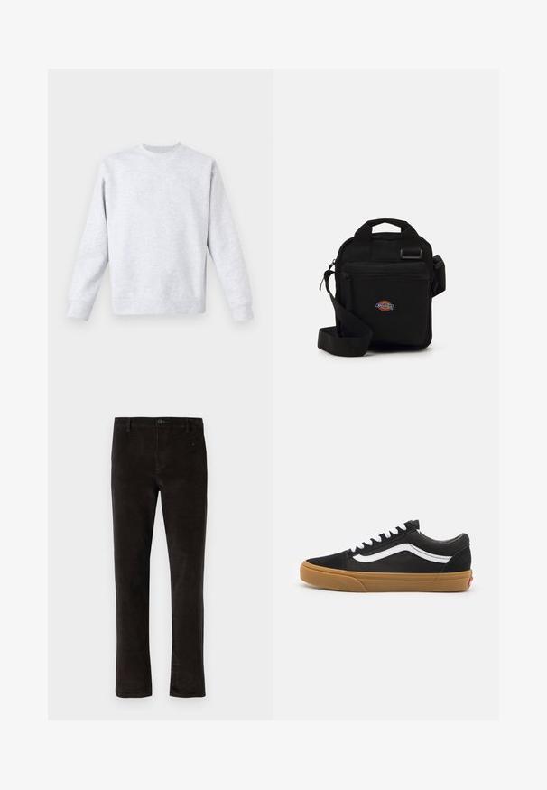 Lys grå sweatshirt lavet af blødt stof, med rund hals, lange ærmer og ribbede manchetter og kant. Minimalistisk design uden mønstre.; Sorte fløjl bukser med lige ben-design, der har en enkelt knaplukning og en subtil tekstur. Minimalistisk stil uden synlige mønstre.; Sorte ruskind sneakers med hvid stribe på siden, hvide snørebånd og gummisål. Klassisk lavtopdesign med teksturerede detaljer og rund tå.; Sort crossbody taske med en lynlåslomme, rektangulær form, lavet af stof, med et logo patch på forsiden, justerbar skulderrem.