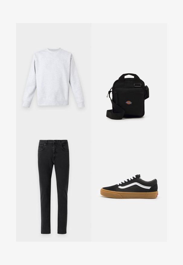 Világosszürke pulóver, puha anyagból készült, kerek nyakkivágással, hosszú ujjakkal, bordás mandzsetta- és alsó szegéllyel. Minimalista dizájn, minták nélkül.; Fekete farmernadrág slim fit szabással, klasszikus öt zsebes kialakítással és minimális varrási részletekkel. Simára csiszolt textúra, normál derékpánt.; Fekete velúr edzőcipők fehér oldalsávval, fehér fűzővel és gumis talppal. Klasszikus alacsony felső kialakítás textúrált részletekkel és lekerekített orral.; Fekete keresztpántos táska cipzáras zsebbel, téglalap alakú, szövetből készült, az elején logóval ellátva, állítható vállpánttal.