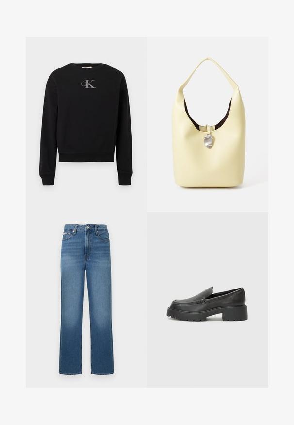 Svart genser laget av mykt stoff med rund hals og lange ermer. En sølvfarget "cK"-logo er plassert midt på brystet.; Blå denimjeans med høyt liv og rette ben, lett falming, frontlommer, knappelukking og beltehemper. Jevn tekstur og klassisk design.; Sorte skinnloafers med rund tå, tykk teksturert såle og minimale sømdetaljer. Strømlinjeformet design uten synlige snørebånd eller hardvarer.; Hobo veske i myk gul lær med en avrundet form. Har en glatt overflate, mørk innvendig fôr og et sølvfarget detalj ved lukking.